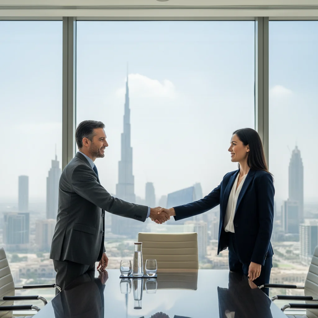 A photorealistic image depicting a professional business meeting in a modern office in the UAE, with adults shaking hands over a table, symbolizing agreement and intent in a legal context, no documents visible, diverse Middle Eastern professionals in business attire, Dubai skyline in the background through large windows.