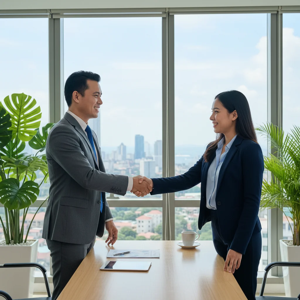 A photorealistic image of a professional adult in a modern Philippine office setting, shaking hands with another professional across a desk, symbolizing the intent and agreement in a formal application process, with subtle Philippine cultural elements like a flag or tropical plants in the background, conveying aspiration and opportunity without focusing on any documents.