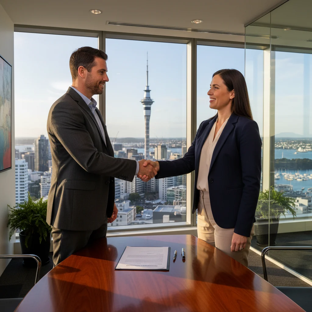A photorealistic image of two professionals in a modern New Zealand office, shaking hands across a desk, symbolizing the agreement and intent in employment negotiations, with a scenic view of Auckland skyline in the background to represent NZ context. No children present.