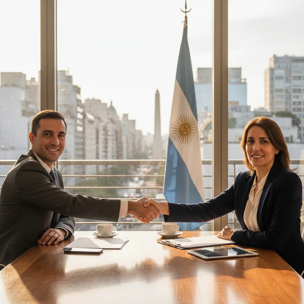 A photorealistic image depicting a professional business meeting in an Argentine office setting, symbolizing the intent and agreement in a letter of intentions. Two adults in business attire are shaking hands across a desk with subtle Argentine flags or landmarks in the background, conveying trust and partnership without showing any documents.
