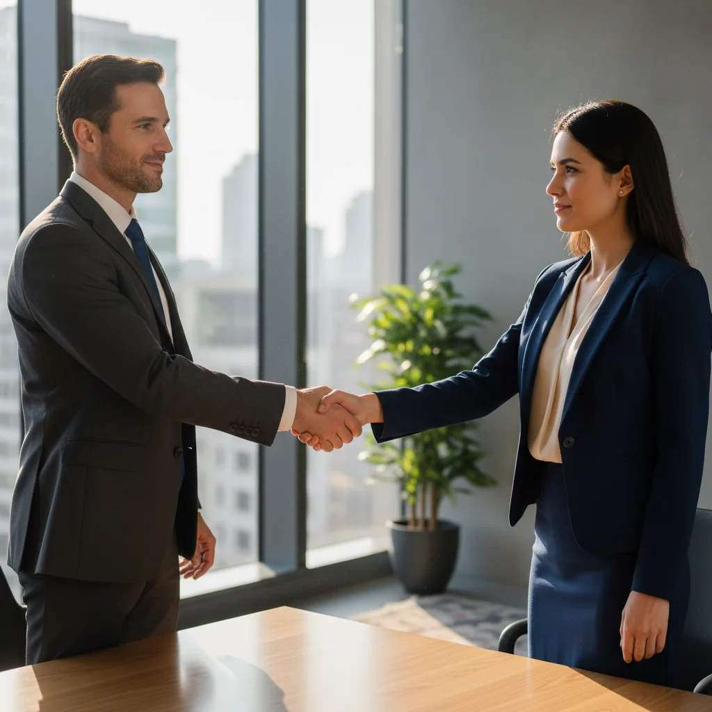 A photorealistic image of two professionals in a modern office setting shaking hands over a conference table, symbolizing agreement and commitment, with a city skyline visible through the window in the background, conveying the purpose of a declaration of intent without focusing on any document.