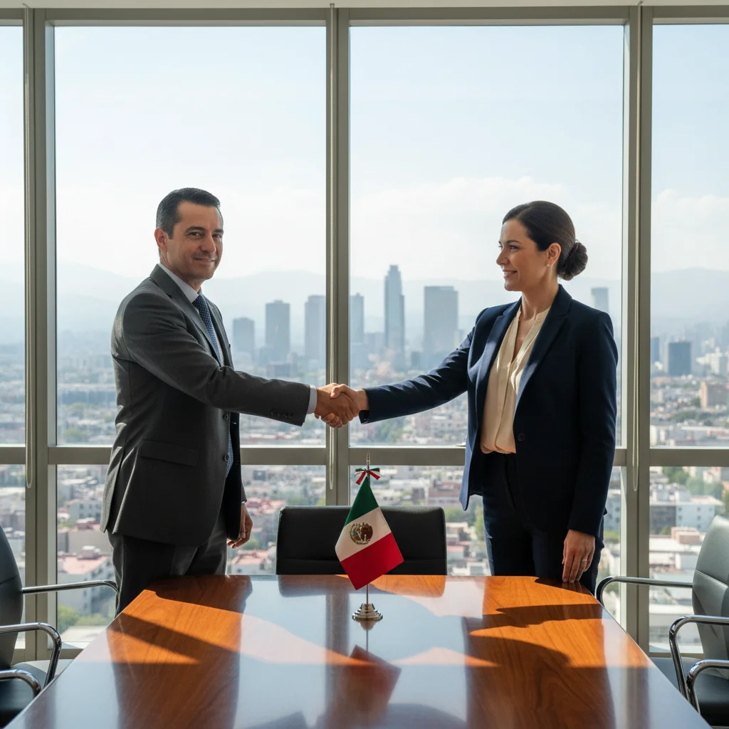 A photorealistic image depicting two professional adults in a modern Mexican business office, shaking hands over a conference table with subtle Mexican cultural elements like a flag or city skyline in the background, symbolizing the importance of intent and agreement in business transactions.