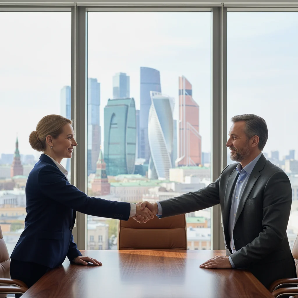 A photorealistic image of two professional adults in a modern Russian office setting, shaking hands across a conference table with a cityscape view of Moscow in the background, symbolizing the agreement and intent expressed in a letter of intent, conveying trust and business partnership without any documents visible.