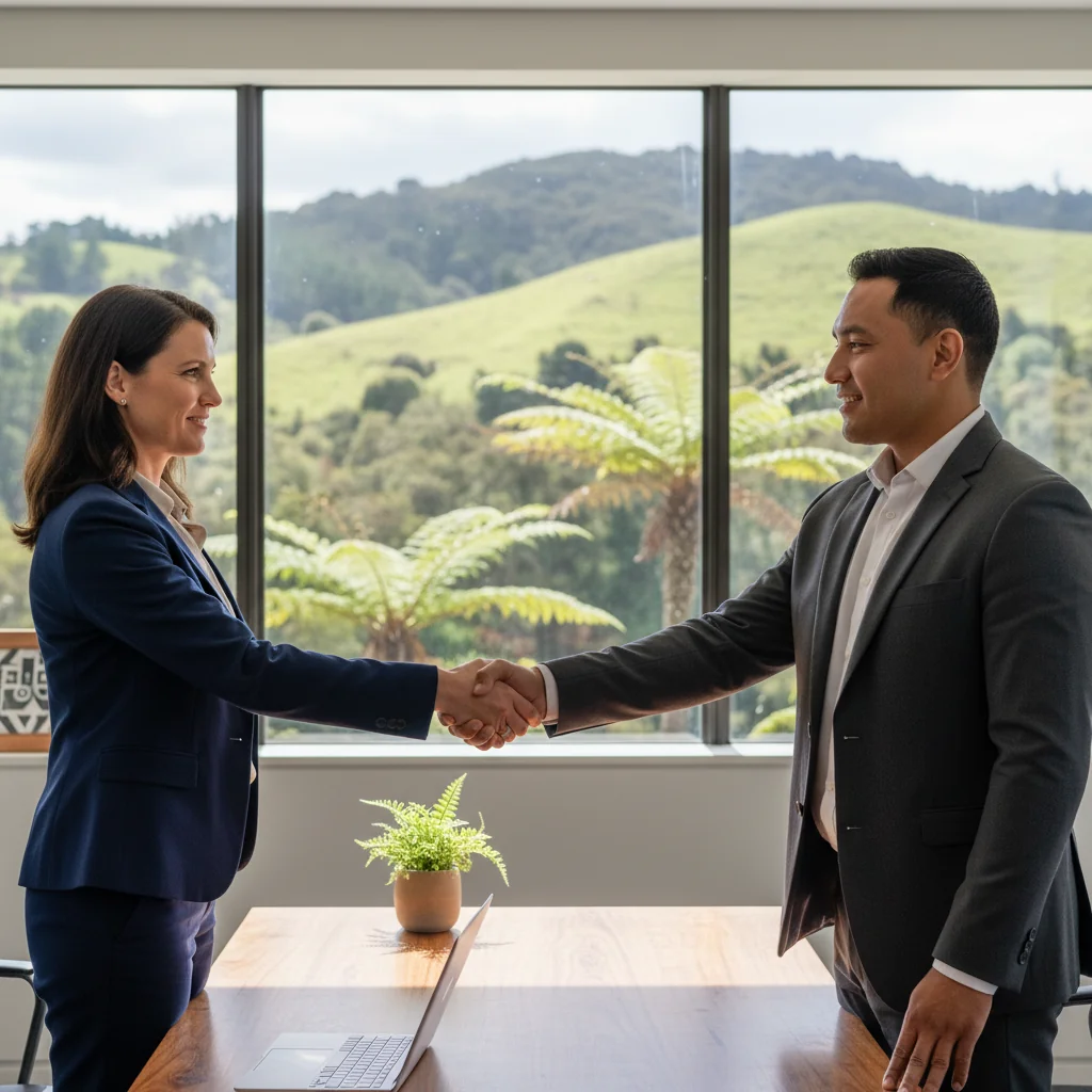 A photorealistic image of a professional adult in a modern New Zealand office setting, shaking hands with another professional across a desk, symbolizing agreement and intent in a business or academic context, with subtle New Zealand elements like a window view of rolling green hills or a fern motif in the background, conveying opportunity and formal commitment without showing any documents.