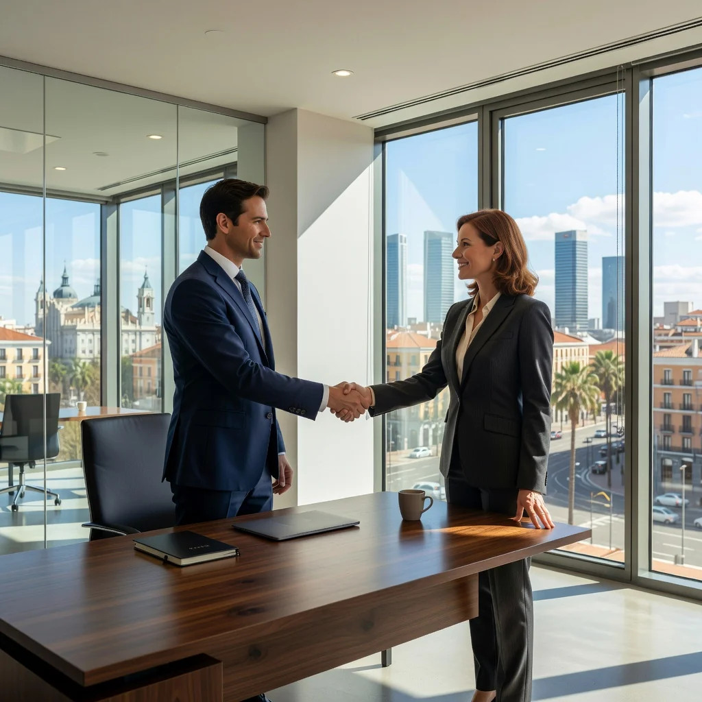 A photorealistic image of a professional adult in a modern Spanish office setting, shaking hands with a business partner across a desk, symbolizing agreement and intention in a business or legal context in Spain. The scene conveys confidence, partnership, and formality, with subtle Spanish elements like a flag or architecture in the background. No children are present.