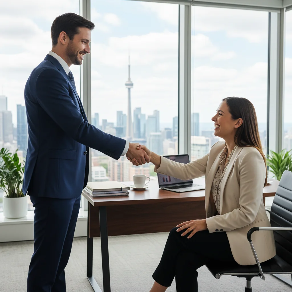 A photorealistic image of a professional adult in a modern Canadian office setting, shaking hands with another professional across a desk, symbolizing agreement and intent in a job application process, with subtle Canadian elements like a maple leaf in the background, no children present.