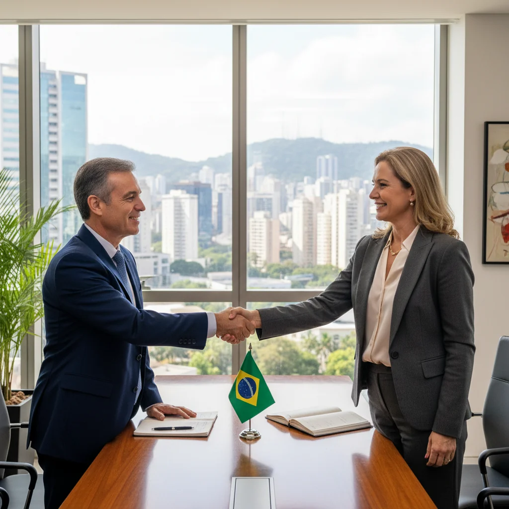 A photorealistic image symbolizing the importance of a Letter of Intent in Brazilian law, depicting two adult business professionals in a modern office shaking hands firmly over a conference table, with subtle Brazilian elements like a flag in the background, conveying trust, agreement, and legal partnership without showing any documents or text.