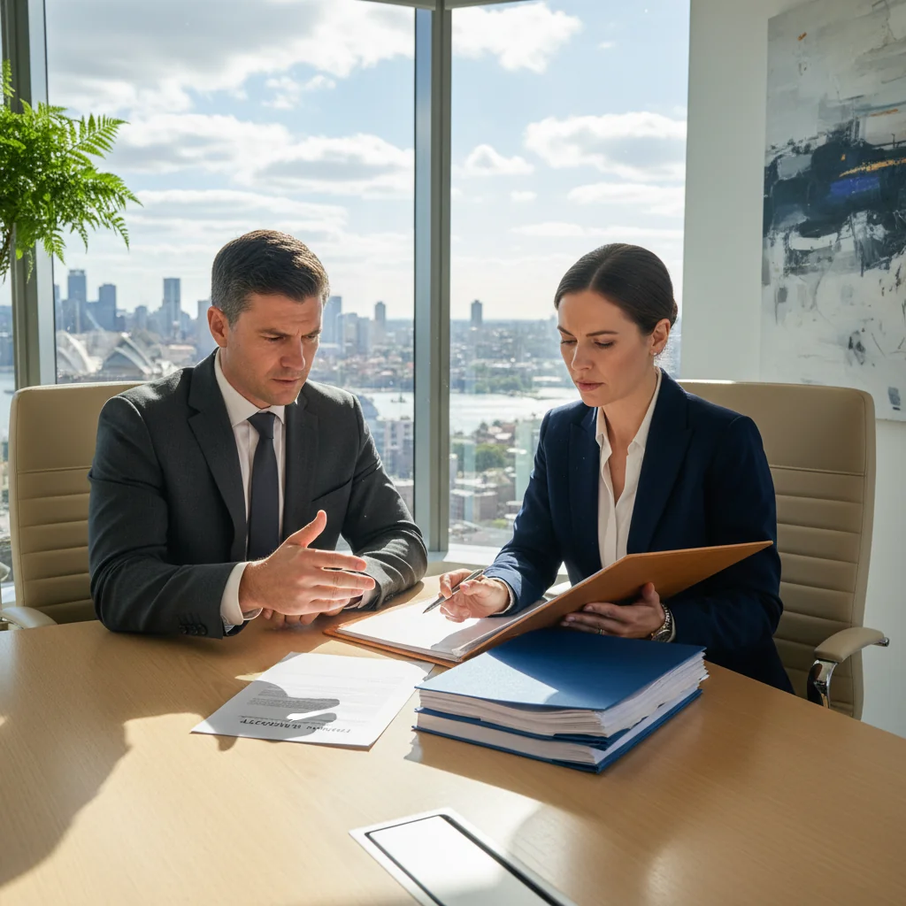 A photorealistic image depicting a professional business meeting between two adults in a modern Australian office, symbolizing the transition from initial agreements to binding contracts, with elements like handshakes or discussions over documents, no children visible.