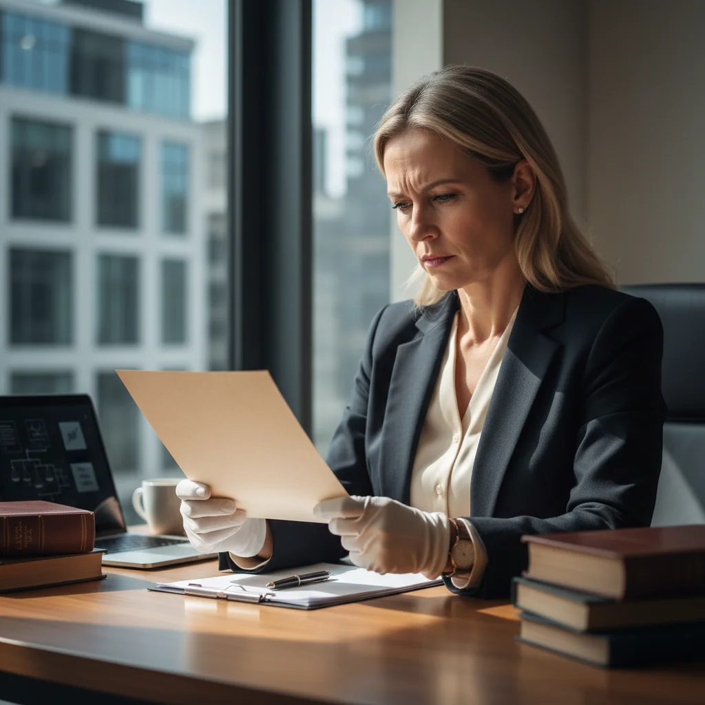 A photorealistic image depicting a professional adult in a business setting, thoughtfully reviewing important documents with a determined expression, symbolizing intent and legal awareness. No children or text in the image.