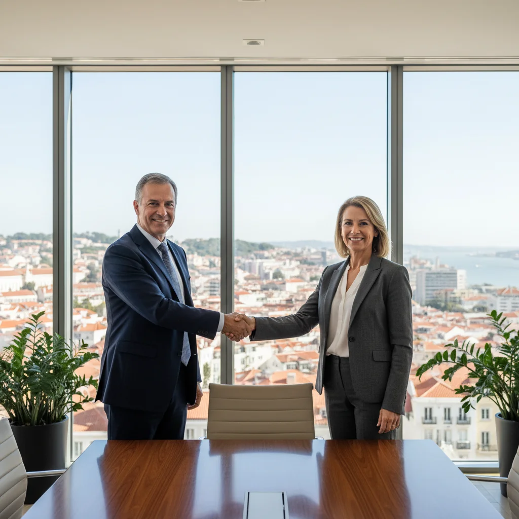 A photorealistic image of two professional adults in a modern office setting, shaking hands over a conference table during a business negotiation, symbolizing the intent and agreement phase in Portuguese legal contexts, with subtle Portuguese flag elements in the background. The image conveys trust, partnership, and preliminary commitment without showing any documents.