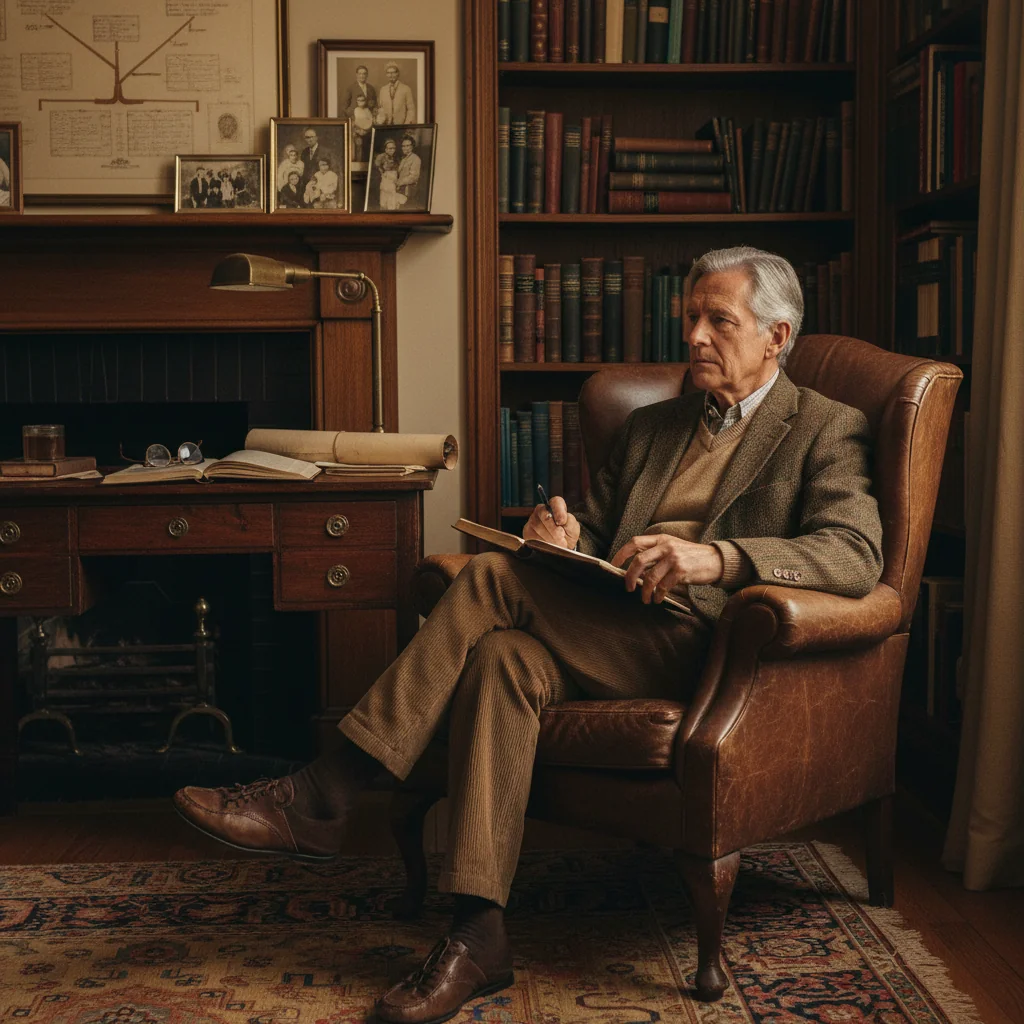 A photorealistic image of a thoughtful adult individual, perhaps an elderly person sitting at a desk in a home office, looking contemplative while holding a pen, symbolizing the planning and legacy aspects of a will without showing any legal documents. The scene conveys trust, family legacy, and careful decision-making among adults.