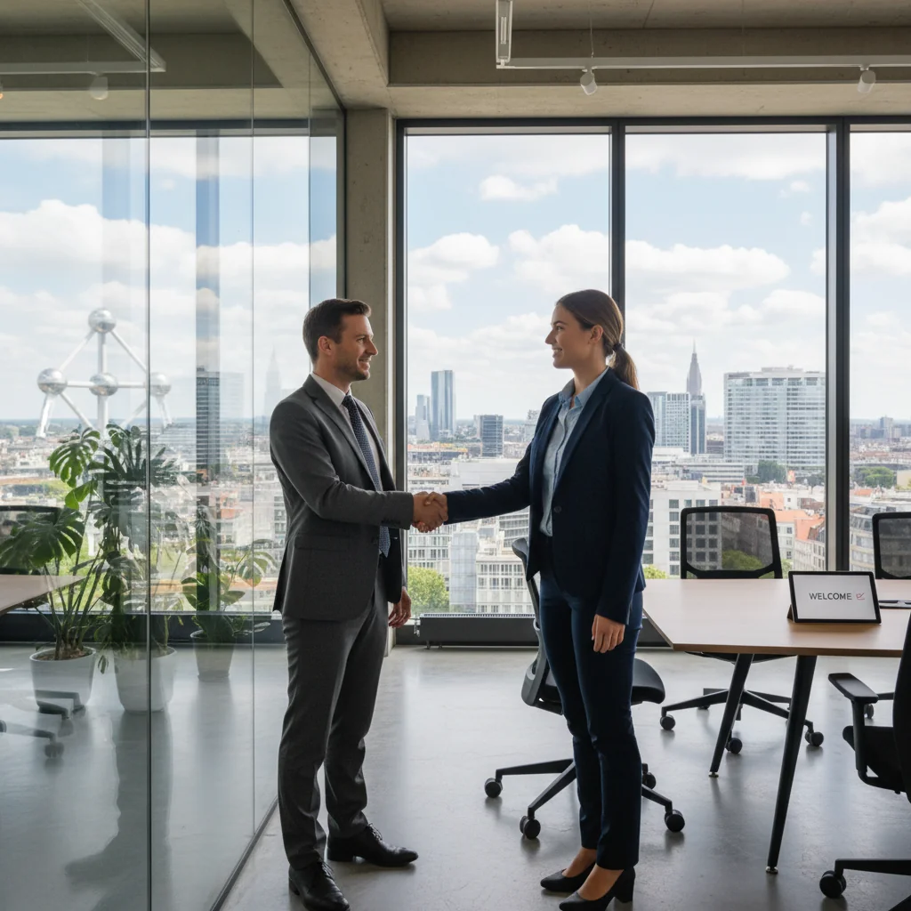 A photorealistic hero image depicting a professional adult individual in a modern Belgian workplace setting, symbolizing the pursuit of employment opportunities through a letter of intent. The scene shows the person confidently shaking hands with a recruiter in an office with subtle Belgian elements like a flag or Brussels architecture in the background, conveying ambition and career advancement.