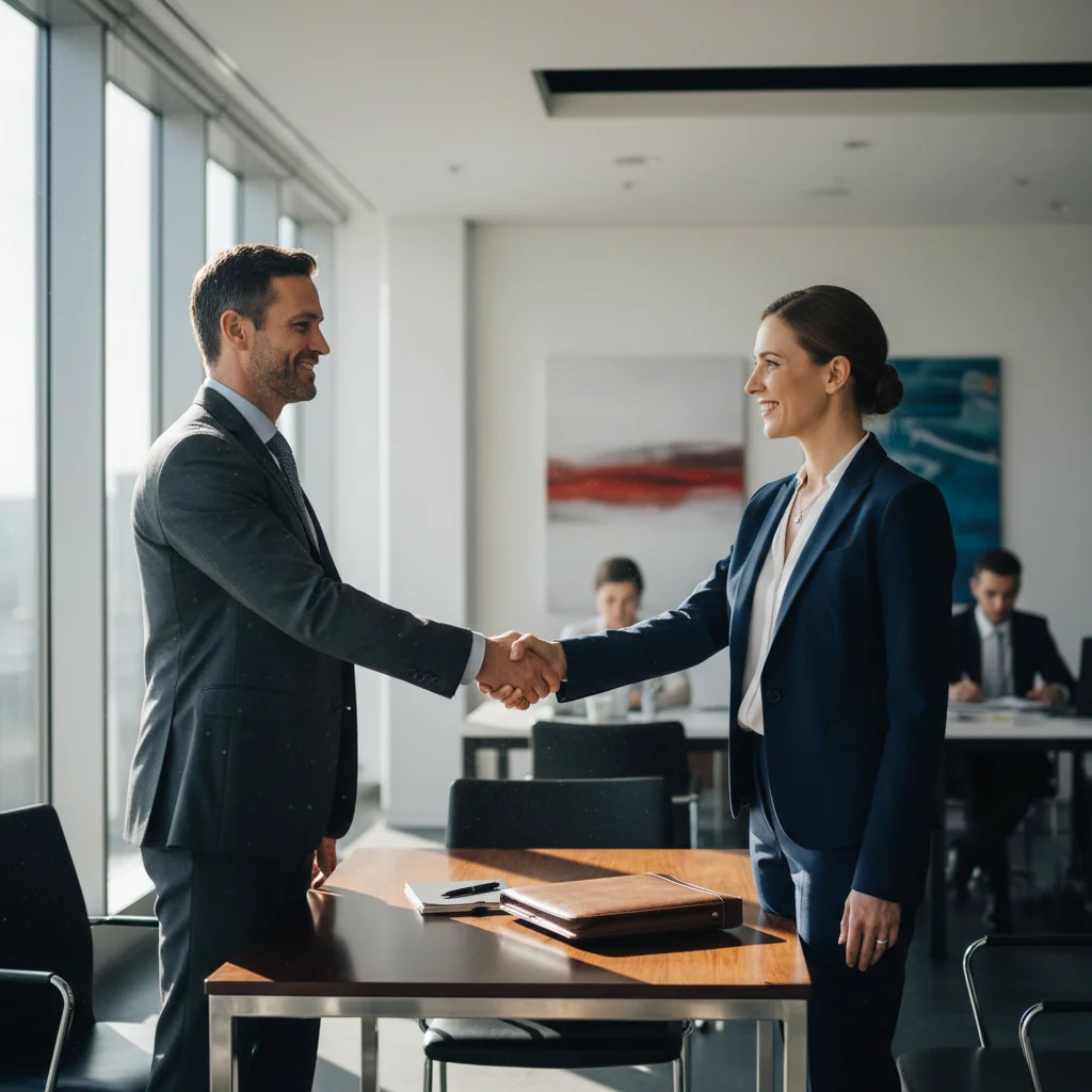 A photorealistic image depicting two professionals in a modern conference room, one shaking hands across a table to symbolize agreement and intent in business dealings, with subtle elements like a briefcase and notepad representing preliminary negotiations, no legal documents visible, conveying trust and partnership in a US corporate setting.