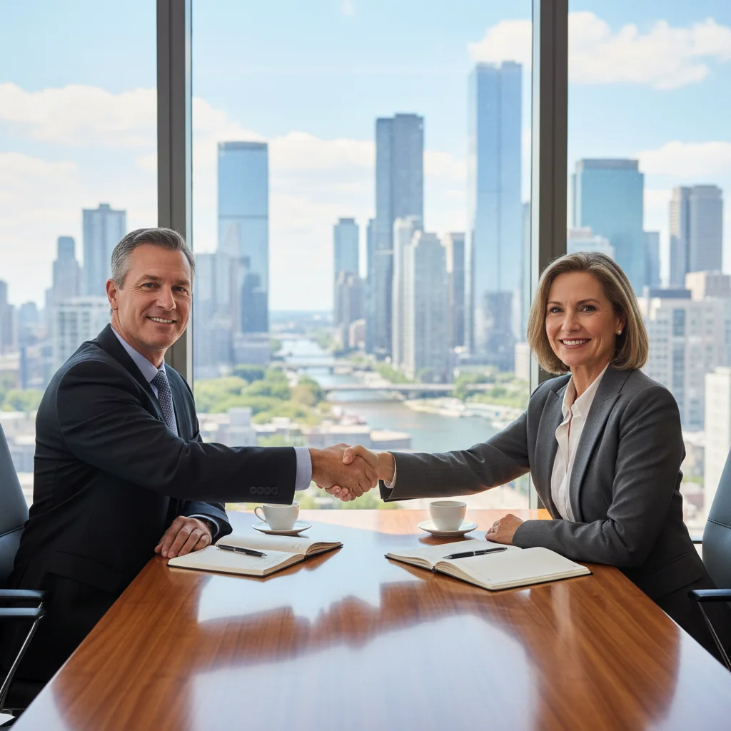 A photorealistic image representing the concept of an Absichtserklärung, or letter of intent, in a business context. Show two professional adults in a modern office shaking hands across a conference table, symbolizing agreement and intention to proceed with a partnership, with city skyline visible through large windows in the background. No documents or text visible. Ensure no children are present.