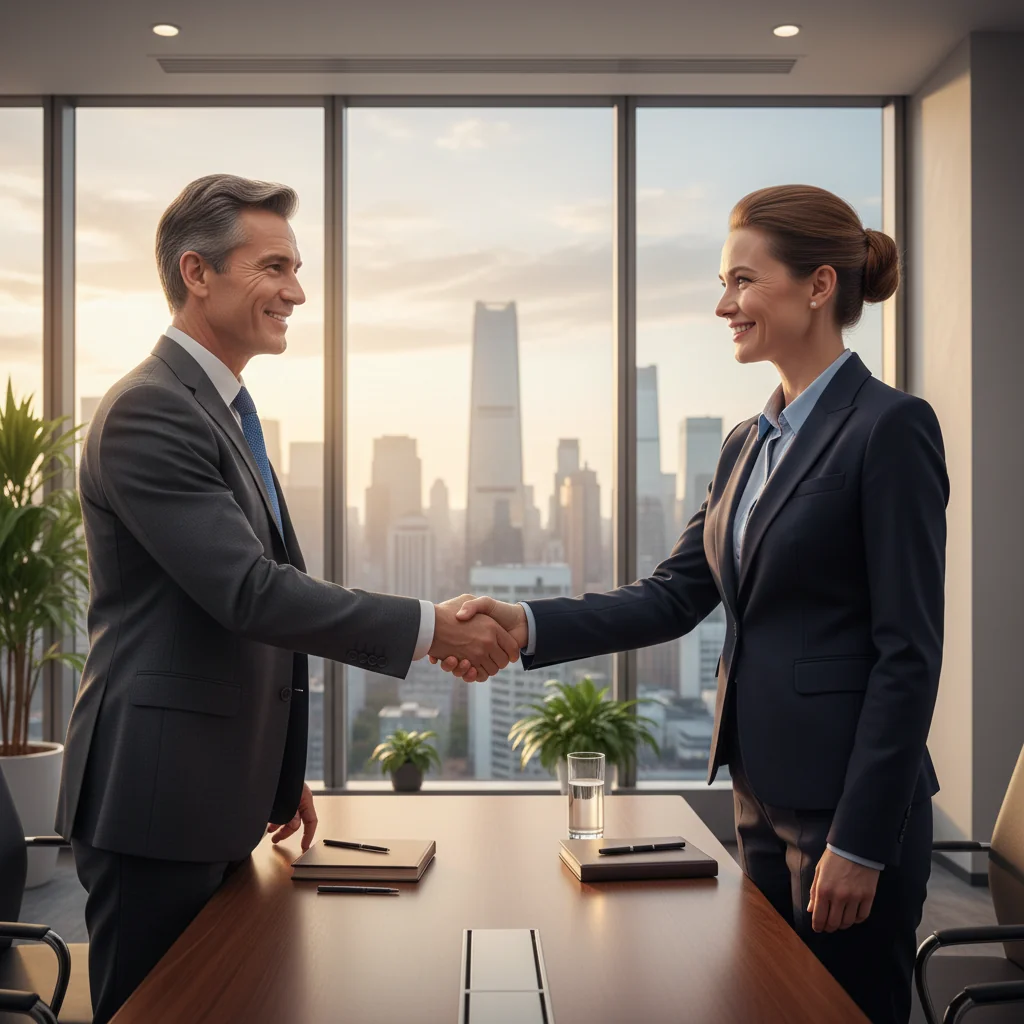 A photorealistic image of two professional business adults, a man and a woman in business attire, shaking hands across a conference table in a modern office setting, symbolizing the agreement and intent in a letter of intent for a Chinese business deal, with subtle Chinese elements like a flag or decor in the background, conveying trust and partnership.
