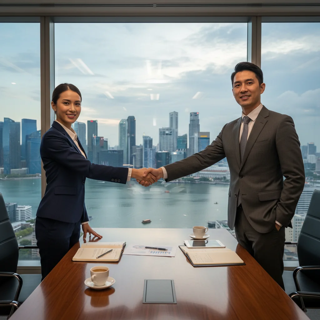 A professional business meeting in a modern Singapore office, where two adults are shaking hands across a table, symbolizing agreement and intent, with a city skyline view in the background.
