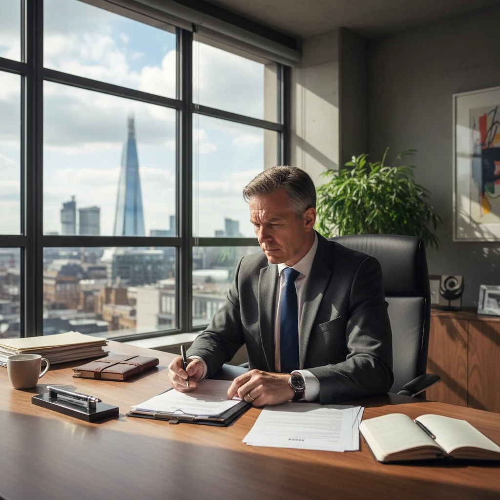 A photorealistic image depicting a professional adult in a modern UK office setting, looking determined and reviewing paperwork on a desk, symbolizing the anticipation and next steps after sending a formal legal claim letter, with no children present and no focus on the document itself.