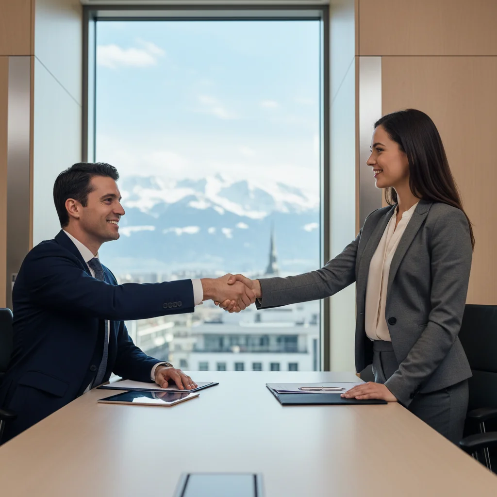 A professional business meeting in a modern Swiss office, with adults shaking hands over a table, symbolizing agreement and intent in a formal setting, with Swiss Alps visible through the window.