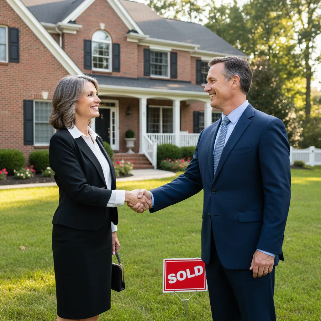 A photorealistic image of a professional real estate agent shaking hands with a client in front of a modern 'Sold' sign on a suburban home lawn, symbolizing a successful real estate transaction agreement, with no children present and no legal documents visible.