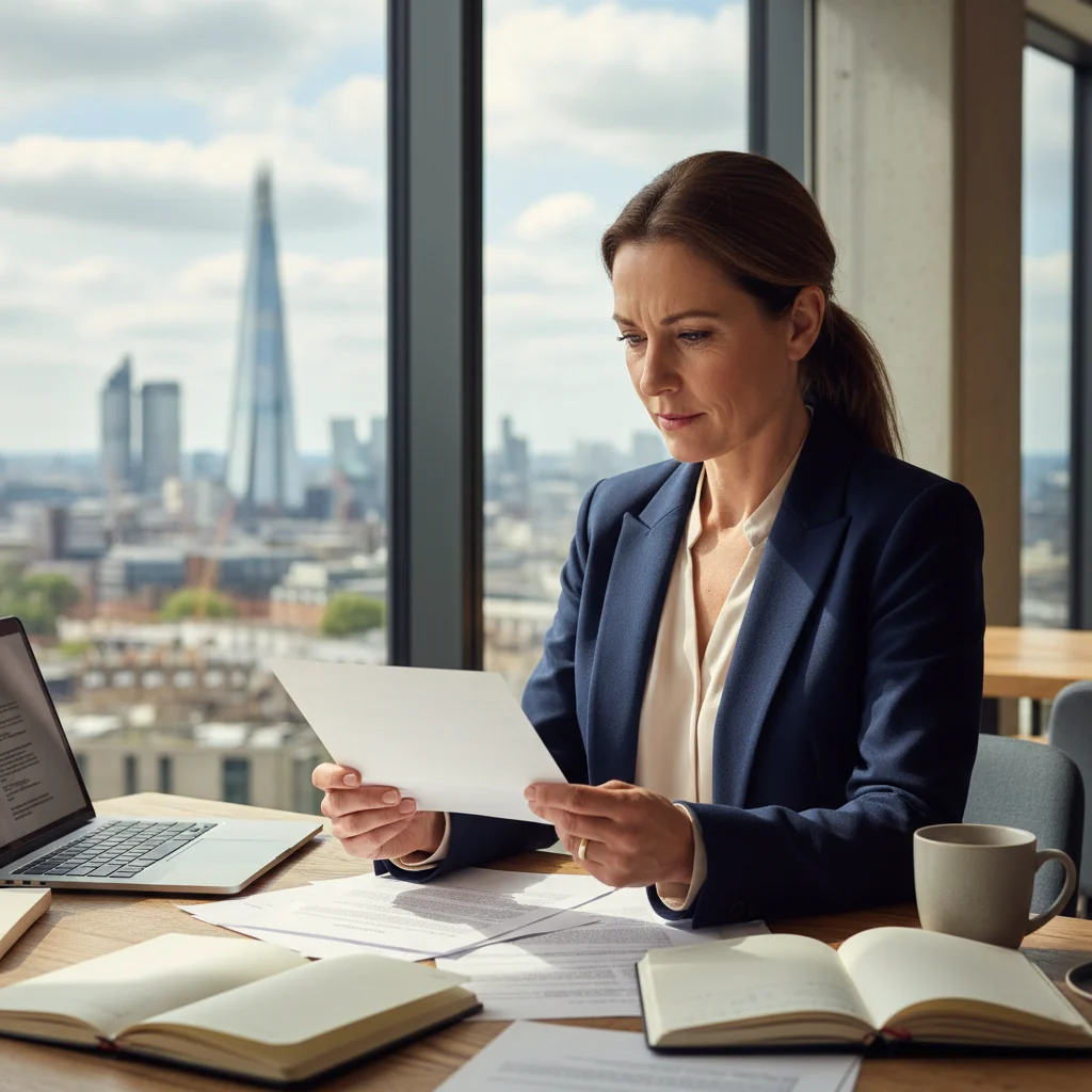 A professional adult in a modern UK office setting, confidently reviewing documents at a desk with a determined expression, symbolizing the pursuit of justice through a letter of claim, photorealistic style.