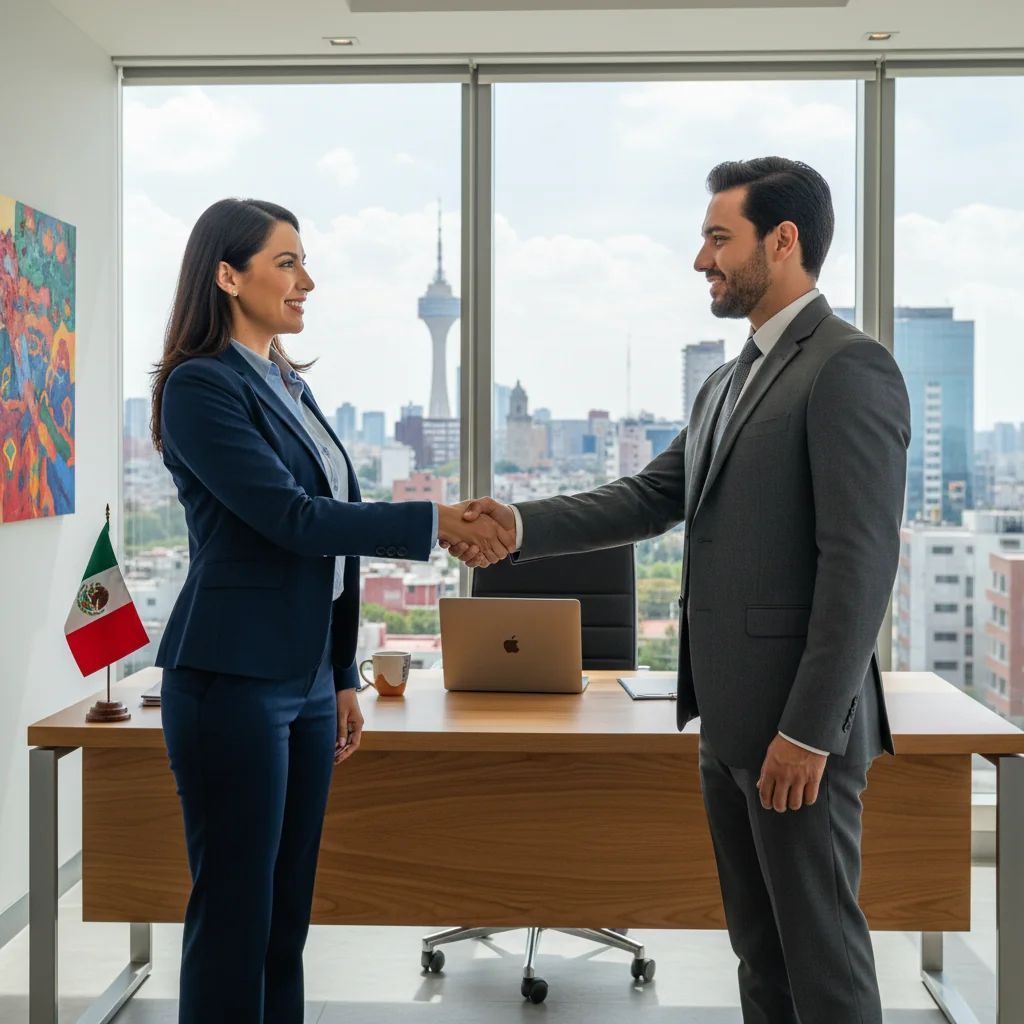 A photorealistic image of a professional adult woman in a modern Mexican office, confidently shaking hands with a business colleague across a desk, symbolizing the intent and agreement in a letter of intent, with subtle Mexican cultural elements like a flag or traditional decor in the background, no children present.