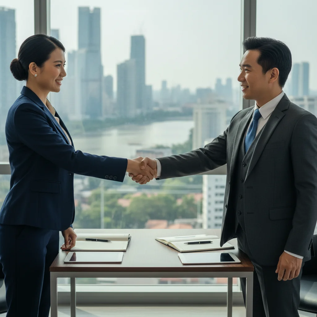A professional business scene showing two adults shaking hands across a desk in a modern office, symbolizing agreement and intent, with a city skyline visible through the window, conveying partnership and future plans.