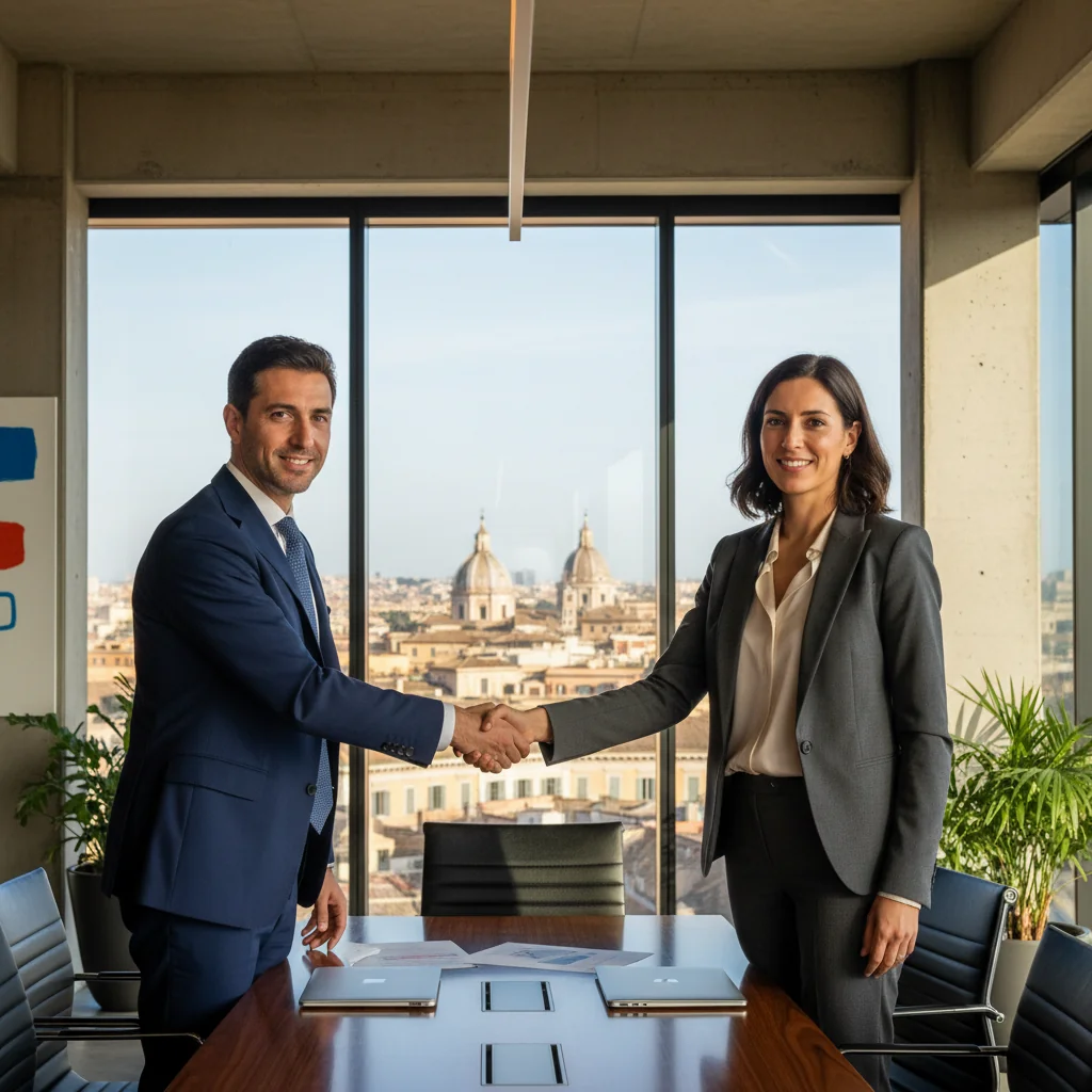 A photorealistic image depicting two Italian business professionals in a modern office, shaking hands over a conference table with subtle Italian flags or architectural elements in the background, symbolizing the agreement and intent in Italian contracts, conveying trust and partnership without showing any legal documents.