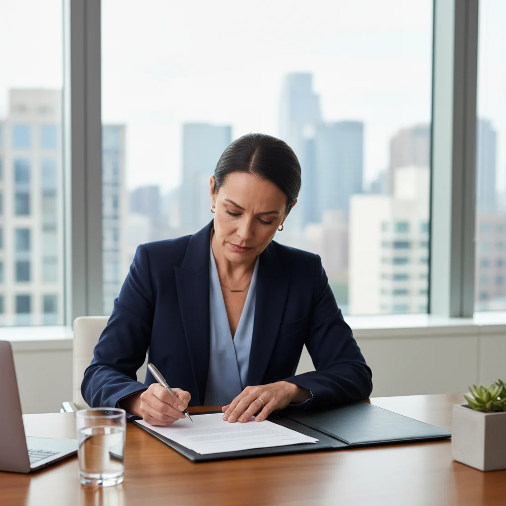 A photorealistic image of a professional adult woman in a modern office setting, confidently signing an important letter of intent on her desk, surrounded by subtle business elements like a laptop and coffee mug, conveying determination and professionalism, no children present.