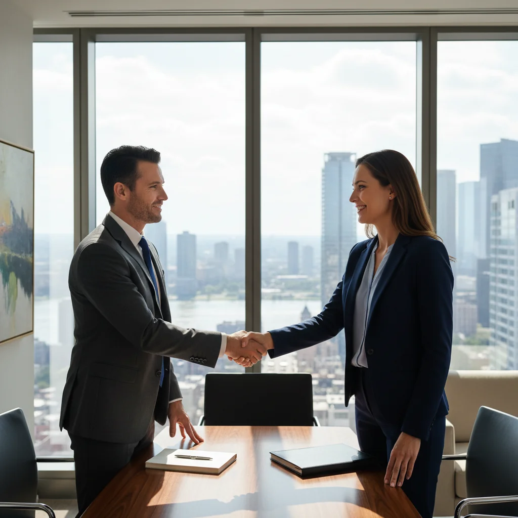 A photorealistic image of two professional business adults, a man and a woman in business attire, shaking hands across a conference table in a modern office setting, symbolizing the agreement and partnership in a business deal.
