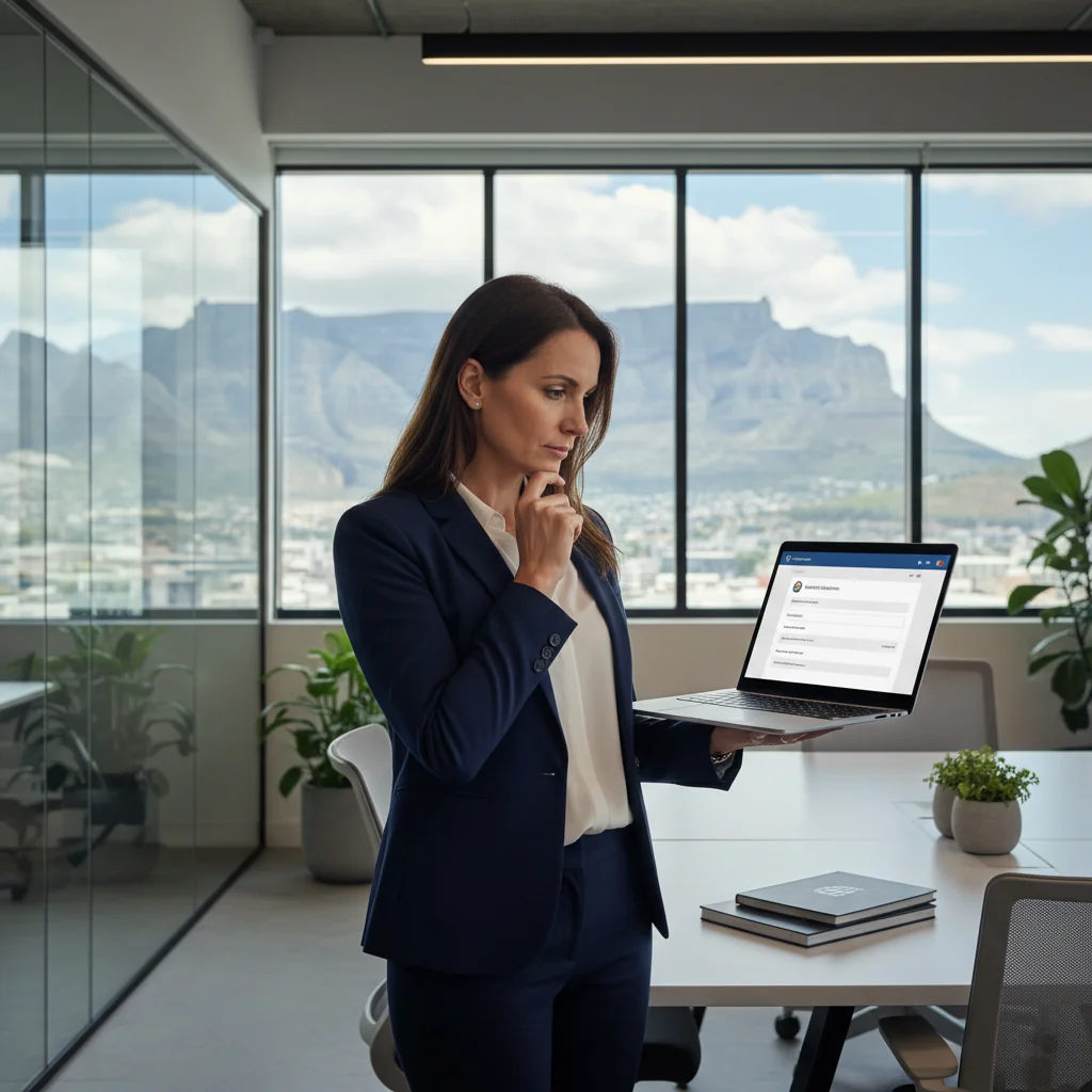 A photorealistic image of a professional adult in a South African business setting, such as an office or meeting room with subtle South African elements like a flag or landscape view in the background, symbolizing intent and opportunity in professional or educational pursuits, evoking aspiration and formal agreement without showing any documents.