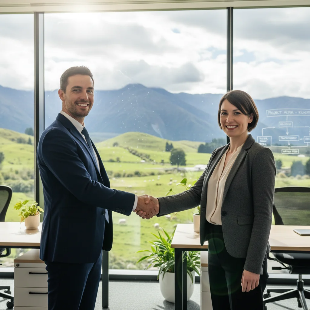 A photorealistic image depicting a professional adult in a New Zealand business setting, symbolizing the intent and agreement in a letter of intent, such as shaking hands in a modern office overlooking New Zealand landscapes, conveying trust and opportunity without showing any documents.