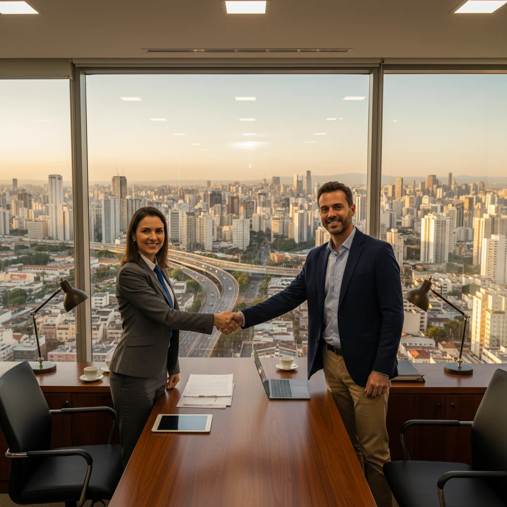 A photorealistic image of two professional adults in a modern Brazilian office setting, shaking hands across a desk with a city skyline visible through the window, symbolizing a successful business agreement or intent, no children present, highly detailed and realistic.