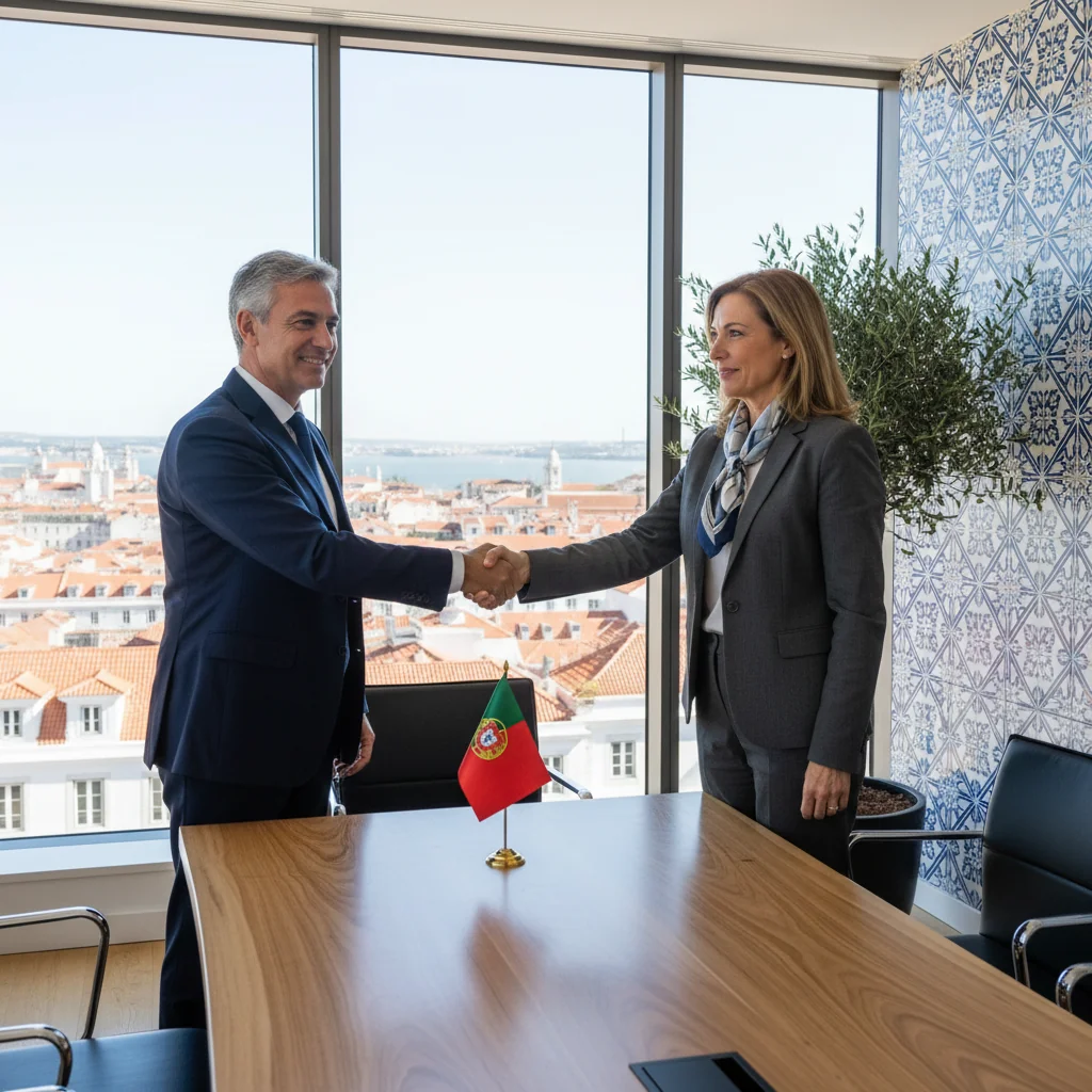 A photorealistic image of two professionals in a modern Portuguese office, shaking hands across a conference table, symbolizing agreement and intent in a business deal, with subtle Portuguese elements like a flag or Azulejo tiles in the background.