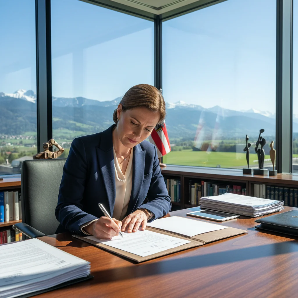 A photorealistic image of a professional adult in a modern Austrian office setting, signing an important declaration with a determined expression, symbolizing the creation of an effective intent declaration, with subtle Austrian elements like a flag or alpine view in the background, no children present.