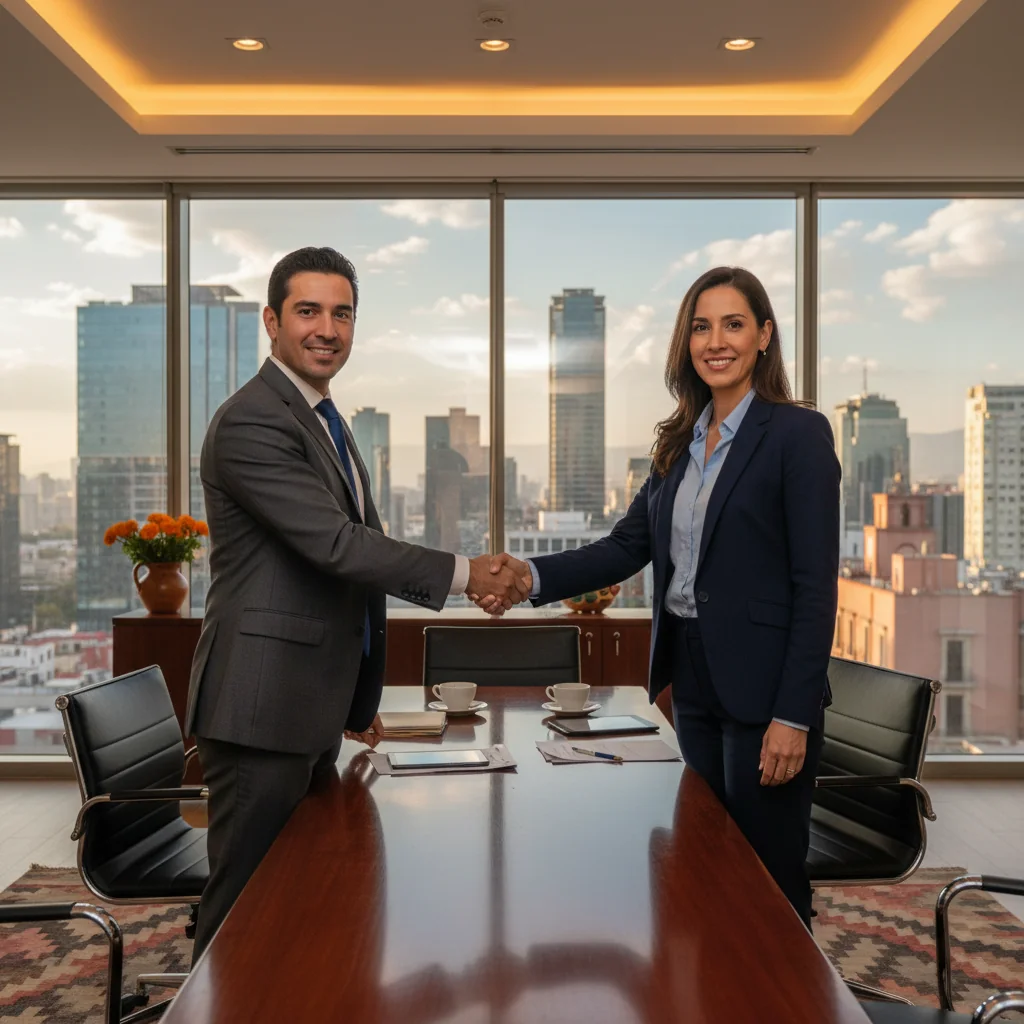 A photorealistic image of two professional business adults, a man and a woman in business attire, shaking hands across a conference table in a modern Mexican office setting with subtle cultural elements like a Mexican flag or colorful decor in the background, symbolizing business agreements and intentions in Mexico. No children or documents visible.