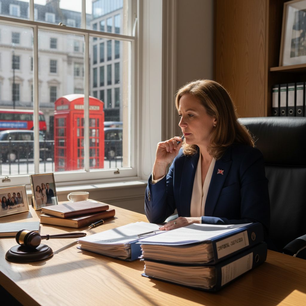 A photorealistic image of a determined adult professional in a modern UK office setting, reviewing documents on a desk with a subtle Union Jack flag in the background, symbolizing preparation and caution in legal matters without directly showing any legal documents.