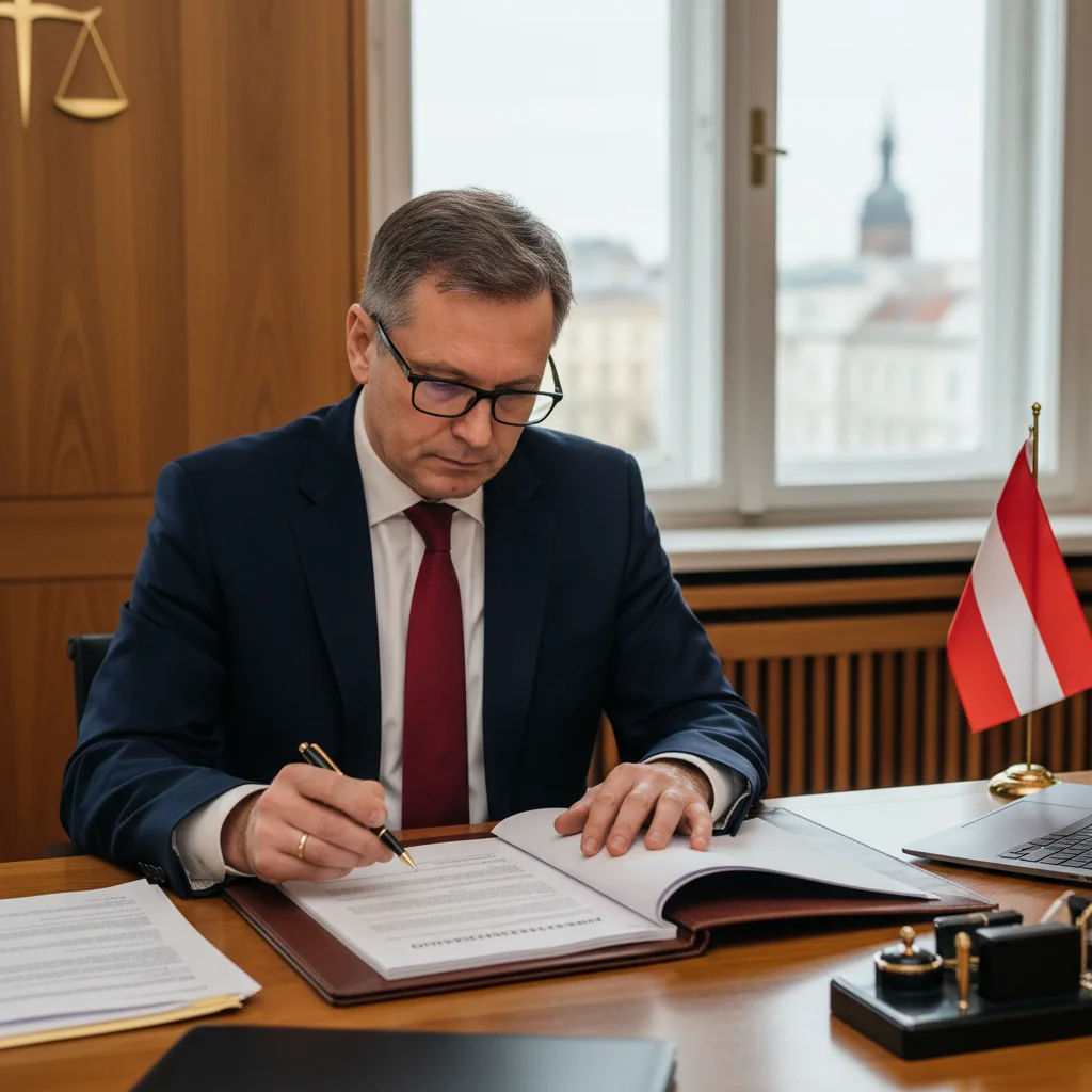 A photorealistic image symbolizing the declaration of intent in Austrian law, depicting a professional adult individual in a formal setting, such as an office or courtroom, signing an important document with a determined expression, evoking themes of legal commitment and agreement, without showing any children or actual legal texts.