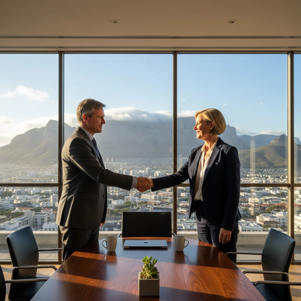 A photorealistic image of two professional adults in a modern South African office setting, shaking hands across a desk with a scenic view of Table Mountain in the background through large windows, symbolizing the intent and agreement in business dealings, conveying caution and professionalism to avoid mistakes in negotiations.