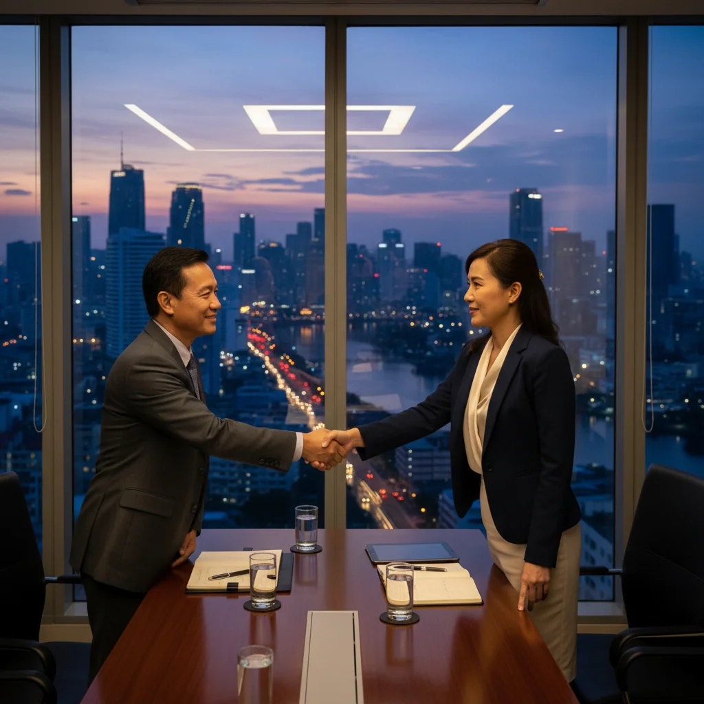 A photorealistic image of two professional adults in a modern Philippine office setting, shaking hands over a conference table with Manila skyline visible through large windows, symbolizing the agreement and intent in a letter of intent, conveying trust and partnership in business dealings under Philippine law.