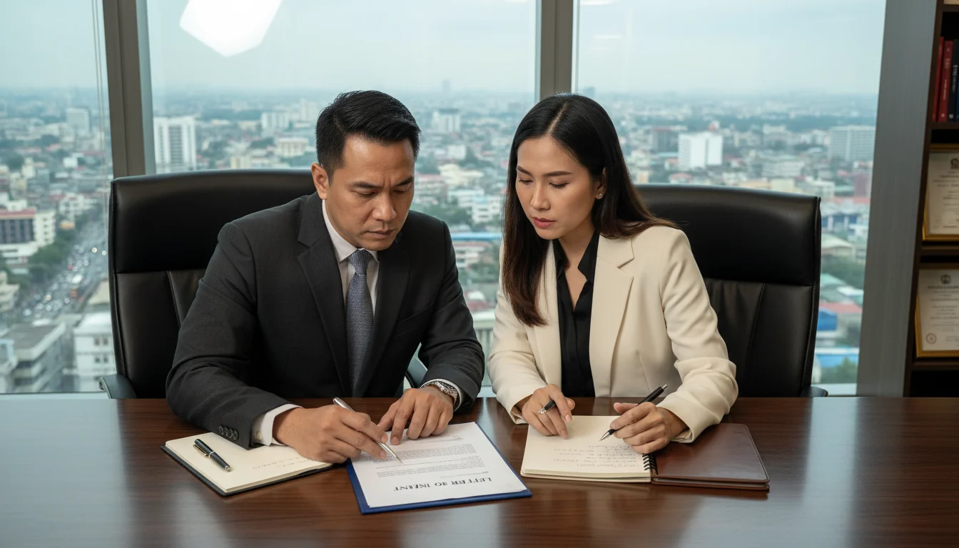 Lawyers reviewing contract requirements