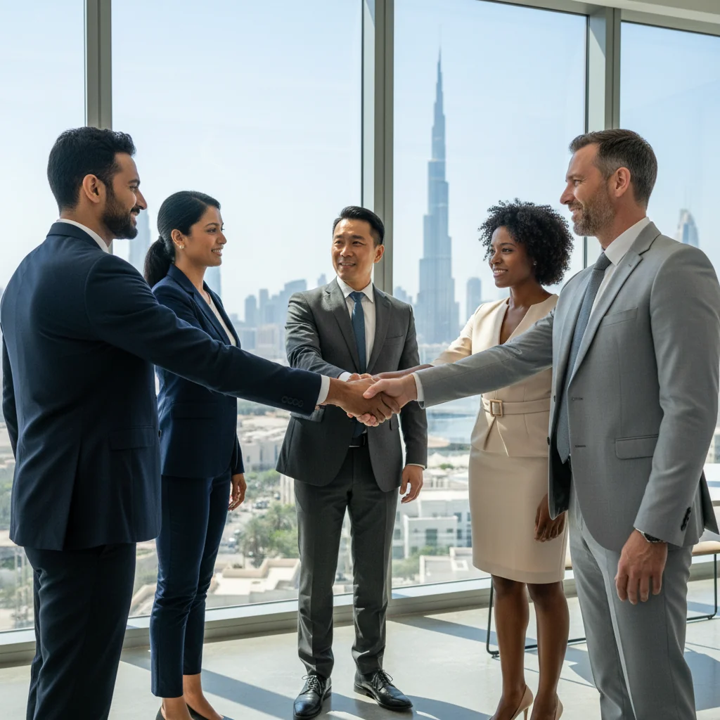 A photorealistic image of a diverse group of professional adults in a modern UAE office setting, shaking hands over a business deal, symbolizing the intent and agreement in a letter of intent document, with subtle UAE landmarks like the Burj Khalifa in the background through large windows, conveying trust and legal commitment in the United Arab Emirates business environment.