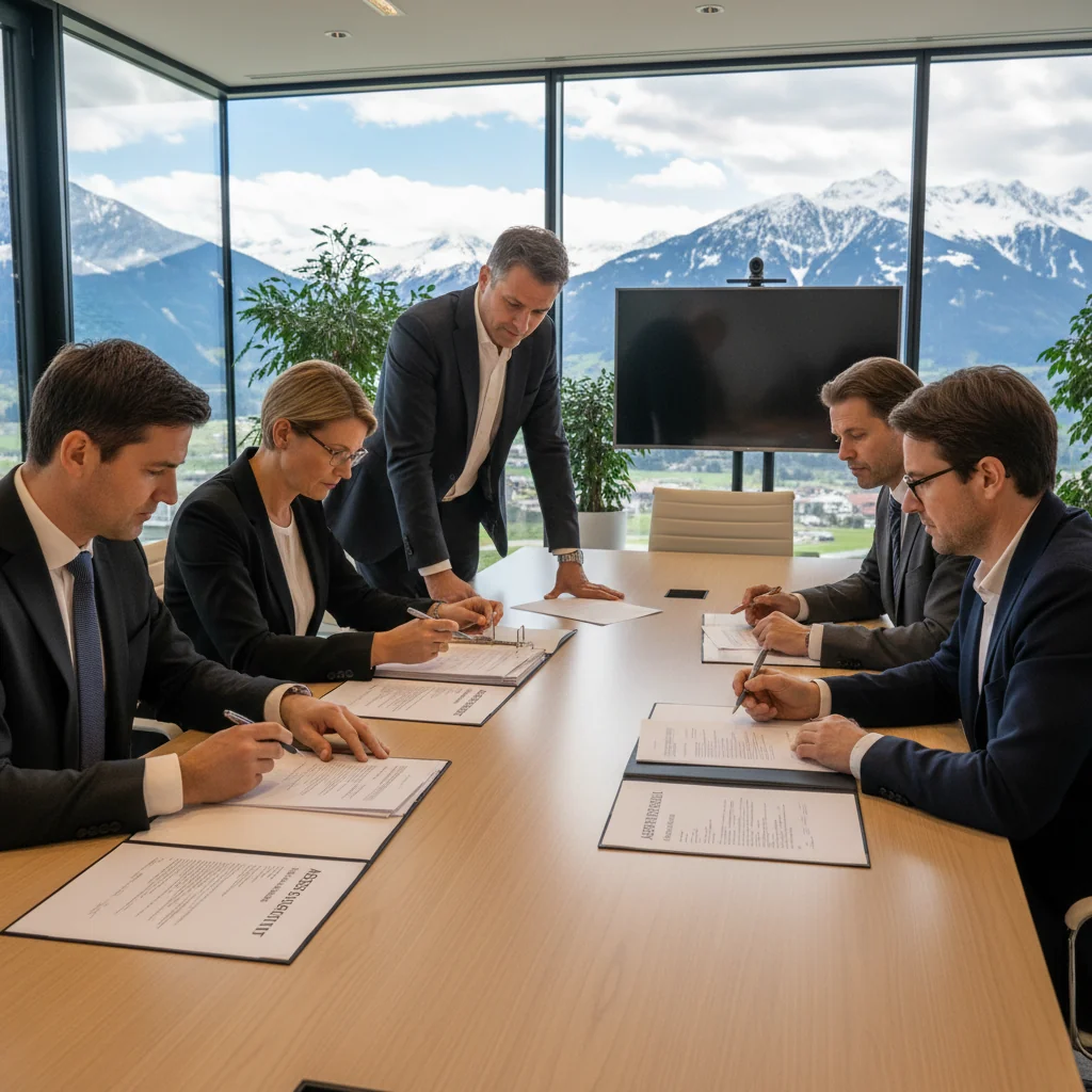 A professional business meeting in a modern Austrian office, with adults discussing documents at a conference table, symbolizing the intent declaration in legal agreements, photorealistic style.