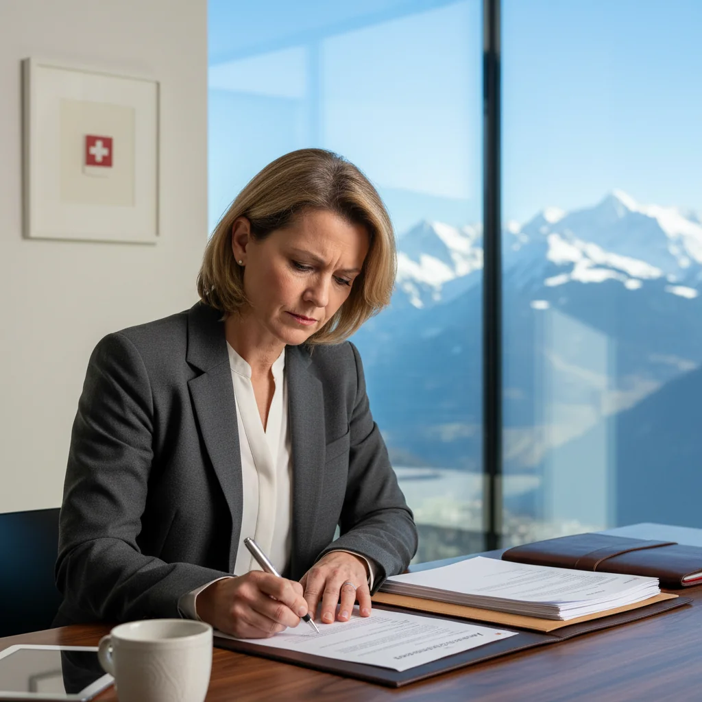 A professional scene in a Swiss office setting, showing a business person signing an intent declaration document with the Swiss Alps visible through a window, symbolizing commitment and legal intent in Switzerland, photorealistic style, no children present.