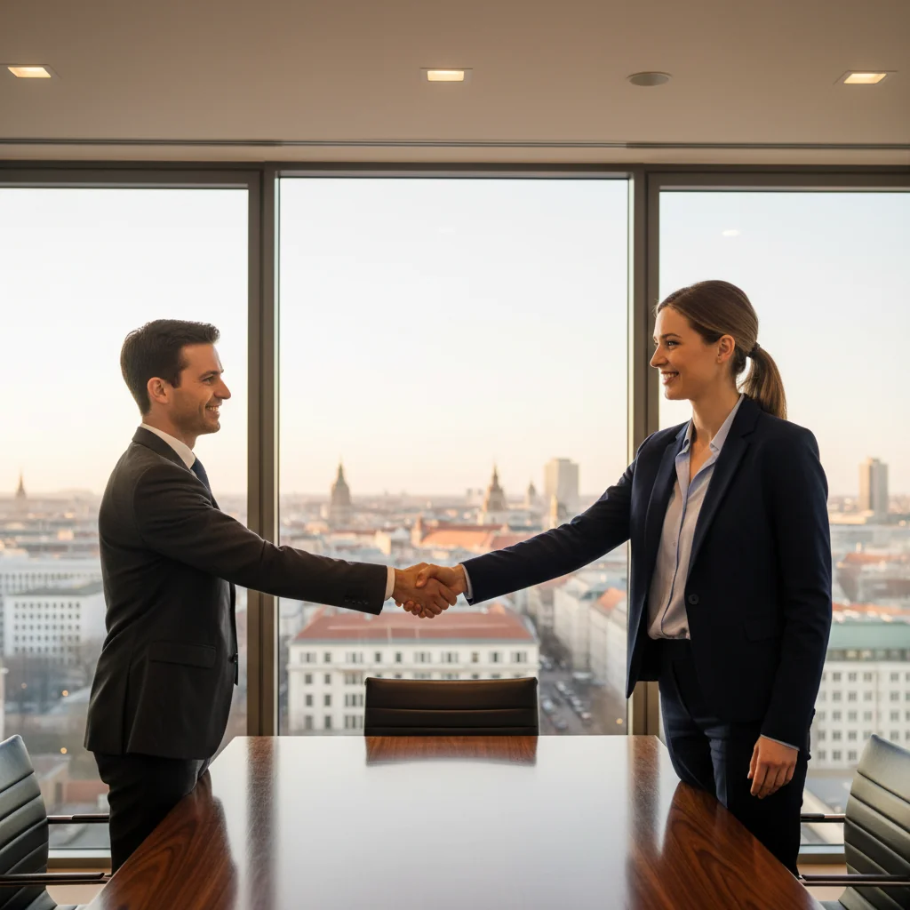 A professional business meeting in a modern German office, with adults shaking hands over a table, symbolizing agreement and intent declaration, evoking trust and legal commitment without showing any documents.