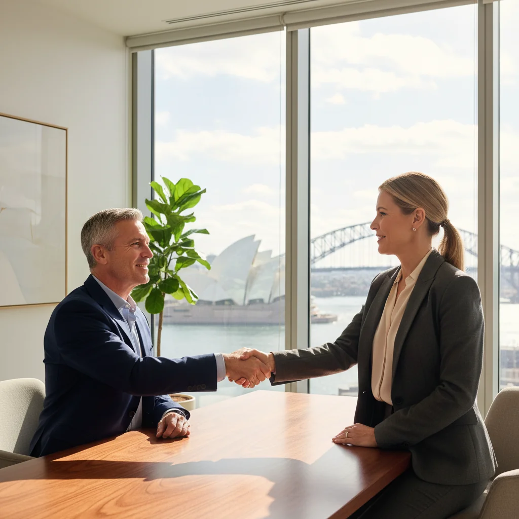 A photorealistic image of two professional adults in a modern Australian office, shaking hands over a desk to symbolize agreement and intent in a business context, with Australian landmarks like the Sydney Opera House visible through a window in the background, conveying trust and partnership without showing any documents.