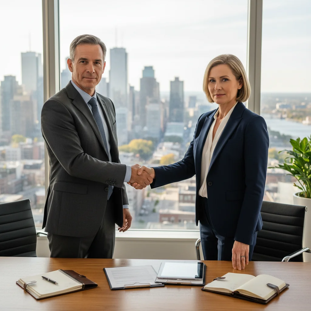 A photorealistic image of two professional adults in a modern Canadian office setting, shaking hands across a desk to symbolize agreement and intent in business dealings, with subtle Canadian elements like a maple leaf in the background, conveying trust and partnership without showing any legal documents.