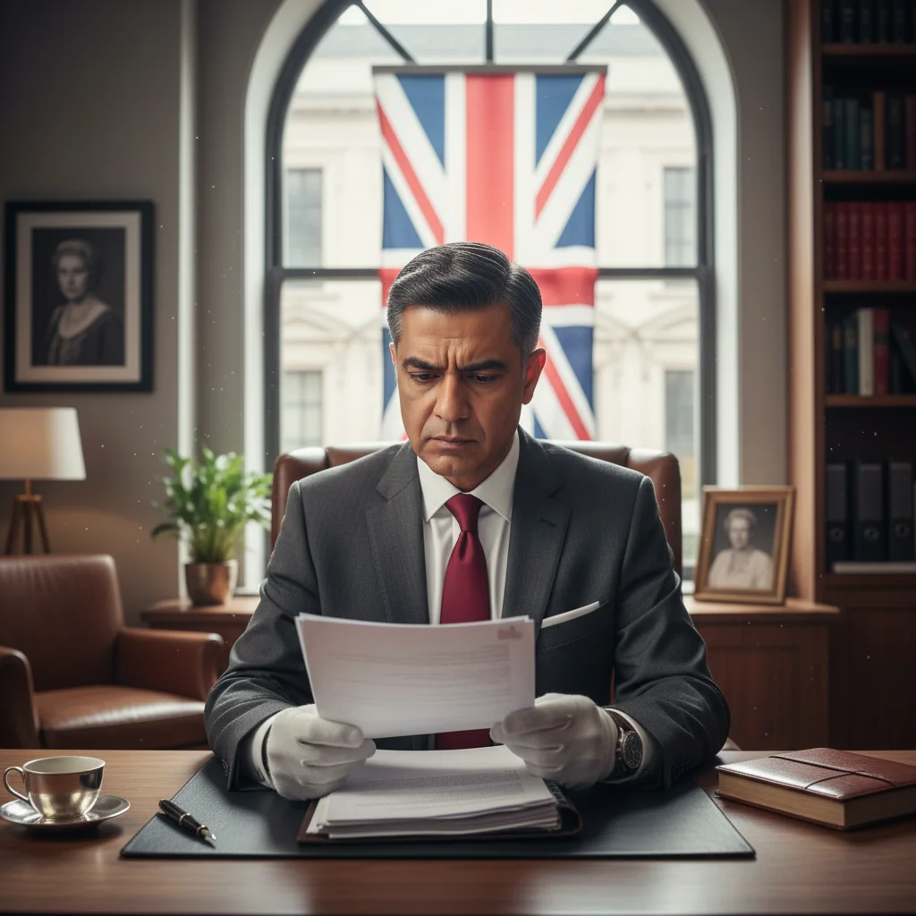 A photorealistic image of a professional adult in a modern UK office setting, looking determined while reviewing legal papers on a desk, symbolizing the initiation of a formal claim process without showing any documents clearly.