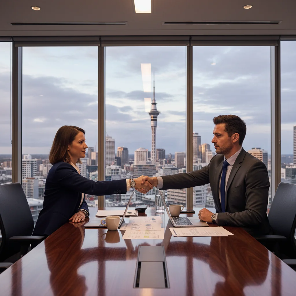 A professional business meeting in a modern New Zealand office, with adults discussing a potential business agreement, symbolizing the intent behind a Letter of Intent.