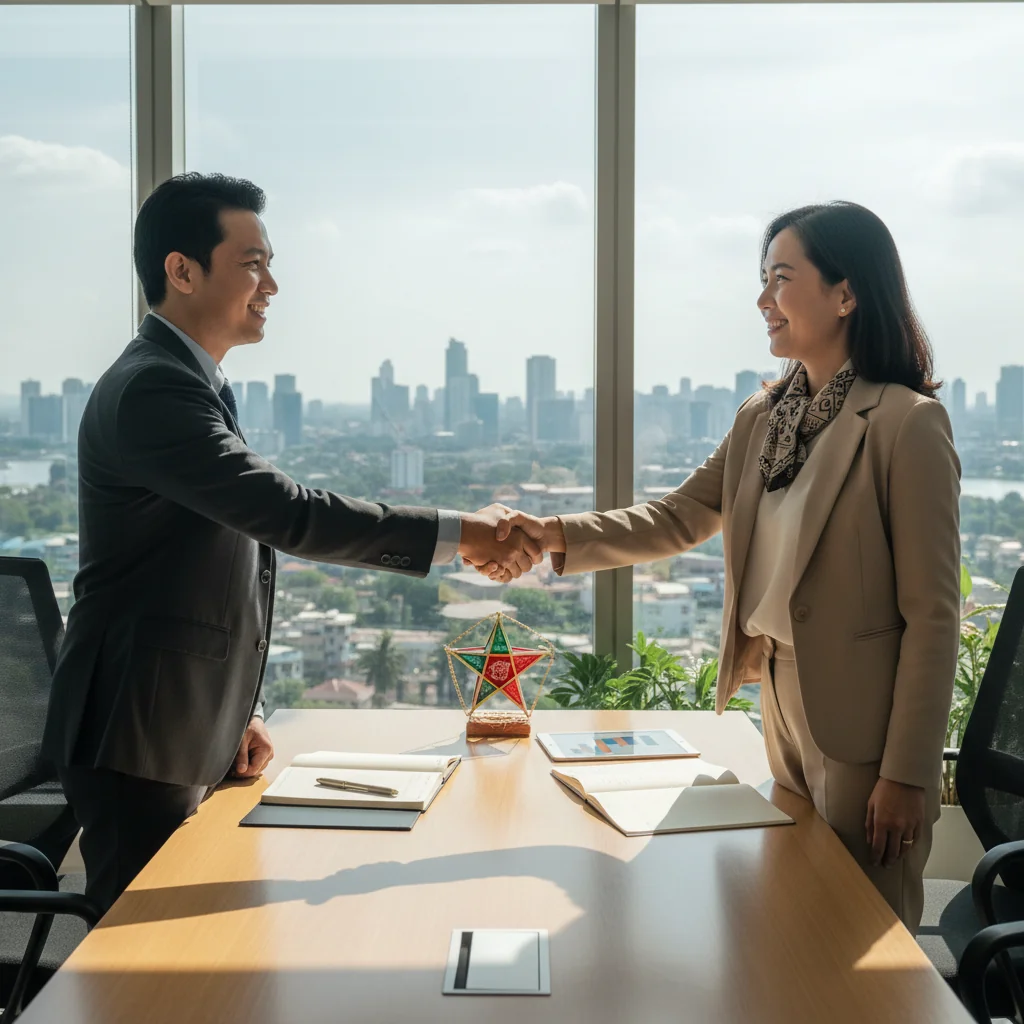 A photorealistic image of two professional adults in business attire shaking hands across a desk in a modern Philippine office, symbolizing agreement and intent in business dealings, with subtle Philippine elements like a flag or cityscape in the background.
