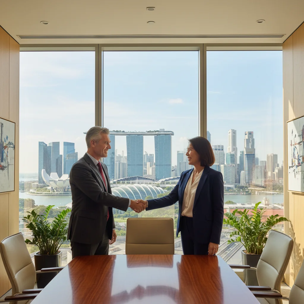 A photorealistic image of two professional adults in business attire shaking hands across a modern conference table in a sleek Singapore office, symbolizing agreement and intent in a business deal, with a subtle view of the Singapore skyline through the window in the background, conveying trust and partnership without focusing on any documents.